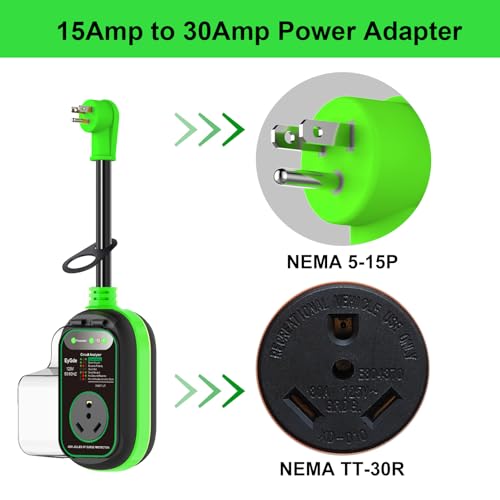 Image of EyGde 15 Amp to 30 Amp 110 RV Adapter with Surge Protector, Patented 4500J 5-15P Male to TT-30R RV Adapter Plug RV Circuit Analyzer Voltage Protector with Waterproof Cover, for Camper Travel Trailer