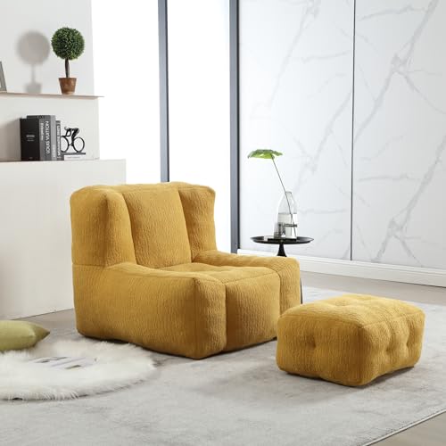 Bean Bag Chair, Comfortable Bean Bag for Adults, Super Soft Lazy Sofa Chair with Memory Foam and Ottoman, Indoor Modern Focus Bean Bag Chair for Living Room, Bedroom, Apartment (Yellow)