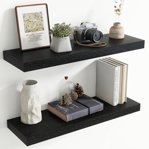 Image of 30 Inch Floating Shelves for Wall, 8 Inch Deep Floating Shelf for Storage & Display, Rustic Wall Mounted Shelf with Invisible Brackets for Living Room, Kitchen, Bathroom, Home Decor, Set of 2, Black