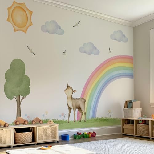 Vinilo decorativo arcoíris medio con escena forestal