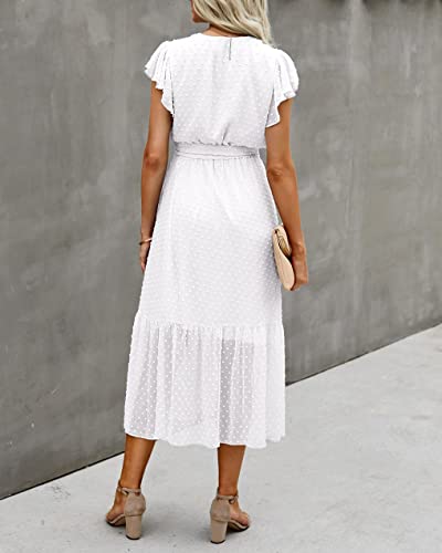 Image of BTFBM Women Summer Bohemian Floral Casual Wrap V Neck Ruffle Cap Sleeveless Belt A-Line Pleated Hem Midi Sun Dress White