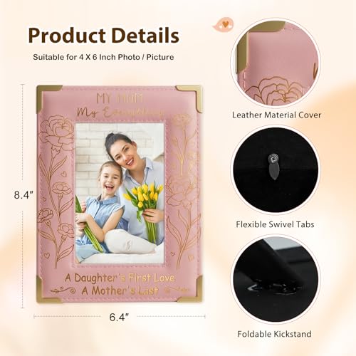 Image of FLYAB First Mothers Day Picture Frame 4x6 Mothers Day Gifts for Mom Grandma from Son Daughter Pink Mom Picture Frame for Tabletop Decorations Wood Leather Frame