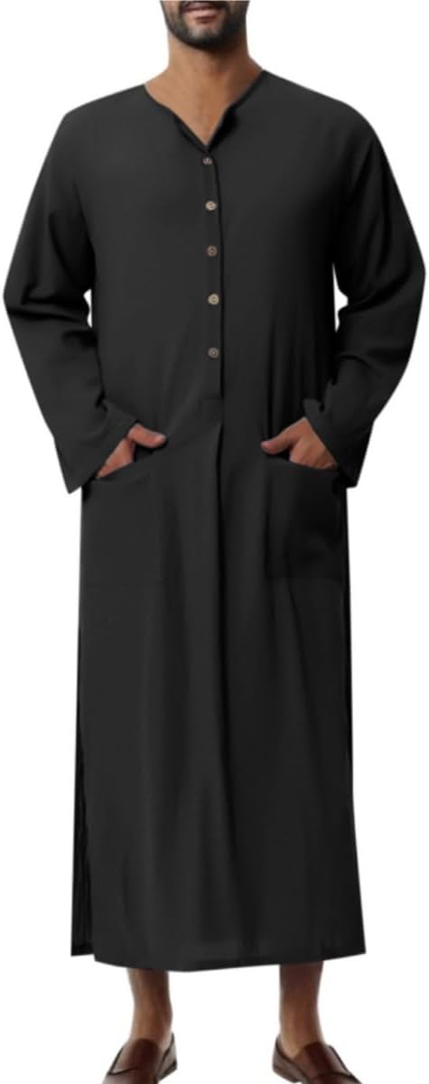 Mens Kaftan Robe, Long Sleeve Cotton Muslim Thobe Robe Abaya for Men, Side Split Muslim Dress Dubai Saudi Arab Kaftan Thobe with Pockets, Casual Button Down Gown Shirt Nightgown Sleepwear
