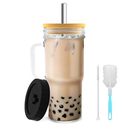 HMJIA Verre avec Paille et Couvercle 24oz Mason Jar avec Poignée Pailles Bubble Tea réutilisables avec Brosse Verre a Eau à Café Glacé Boba Thé Verres à Smoothie...