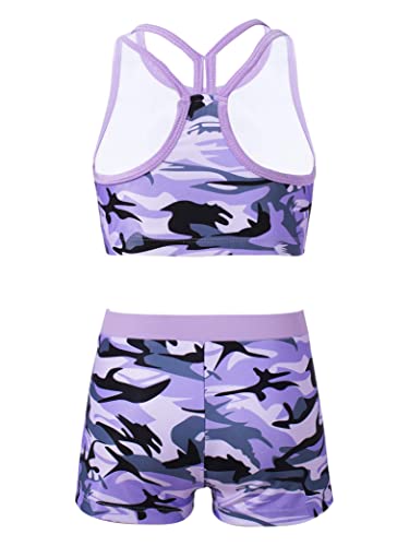 Kids Girls 2 Piece Sports Gymnastics Dance Outfits Crop Tank Top with Booty Shorts Active Workout Sets Lavender 12 Years2