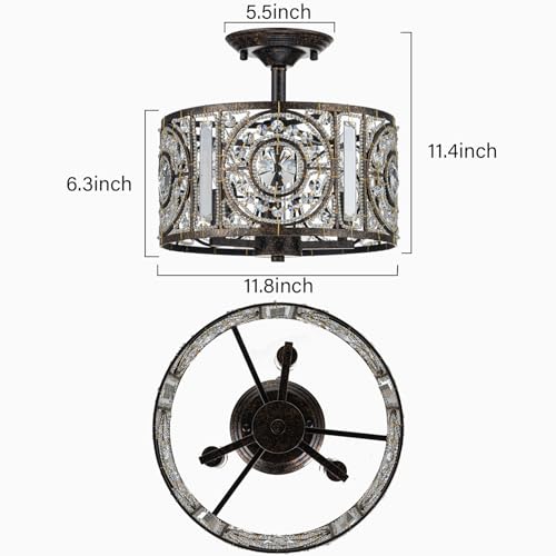 Image of Vintage Crystal Drum Chandelier, 3-Lights Bronze Finish Retro Chandelier Lighting Fixtures, Semi Flush Mount Ceiling Light for Dining Room Living Room Bedroom Entryway Etc.