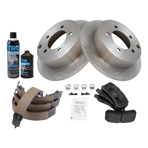 Image of TRQ Rear Brake Pad & Rotor Kit, with Chemical Kit Parking Brake Shoe Set Semi-Metallic Compatible with 2017-2017 Mitsubishi Lancer
