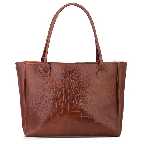 Image of AVERAA Medium Capacity Croco Pattern Tote Bags For Womens Big Purses And Handbags Ladies Big Shoulder Bag | Office Bag for Women, Ladies Bag Stylish Branded, Leather Bag for Women, Women Office Bag | Chic Croc Texture, Dual Carry Style, Rich Tan Finish, Spacious Interior, Secure Zip Closure, Adjustable Strap
