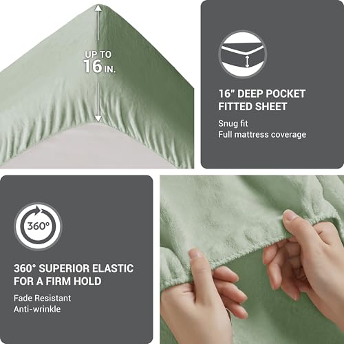 Image of True North by Sleep Philosophy Plush Sheet Set Twin, Solid Color, Warm & Soft Bedding Twin Size Sheets, Fitted Pocket Fits Up to 16 inch Mattress, Soloft, Green, 3 Piece