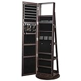 SONGMICS 360° Swivel Jewelry Cabinet, Lockable Jewelry Organizer with Full-Length Mirror, Rear Storage Shelves, Built-in Small Mirror, Jewelry Armoire, Gift Idea, Brown UJJC006R01