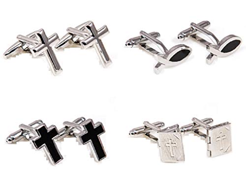 MRCUFF Cross Fish Ichthys Bible Christian 4 Pairs Cufflinks in a Presentation Gift Box & Polishing Cloth