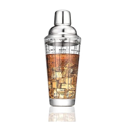 Etens Glass Cocktail Shaker, Martini Shaker 14oz with Recipes on Side | Clear Bar Shaker with Measurements | Built in Strainer with Seal | Crystal Drink Margarita Shakers Bartending