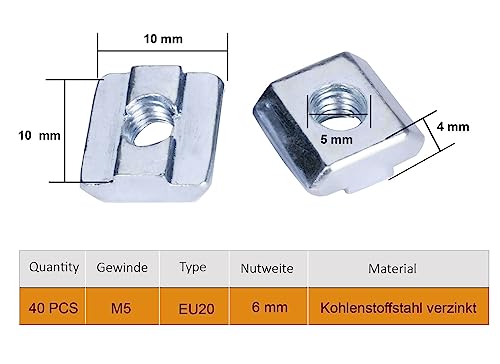 40 Stück Nutensteine M5 Nut 6 für Alu-Profil 20x20mm,Kohlenstoffstahl verzinkt