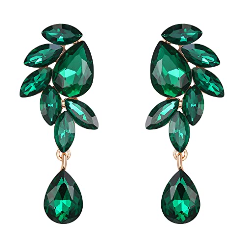 Pendientes de Mujer-Clearine Pendientes de Novia Cristal Increíble Lágrima Marquise Hoja Colgante de Lámpara Aretes,Color Verde Oro-Tono
