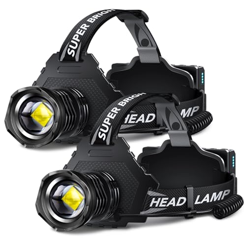 AKNEAR Rechargeable LED Headlamp Super Bright, 99000 High Lumens Head Lamp Zoomable, 25Dys+ Runtime & 12 Mode & Lightweight Comfort & 125° Adjustable Waterproof Head Light for Outdoor
