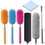 Staubwedel Set 5-teilig – Teleskop-Staubwedel aus Edelstahl + 3 Chenilleköpfe + Biegbare Ecke & Mikrofasertuch, Waschbar, Für Möbel, Fenster, Decken & Spinnweben