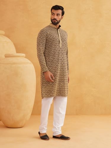 Image of SOJANYA Men's Coffee Brown Cotton Blend Kurta with Intricate Embroidery & Subtle Sequin Work