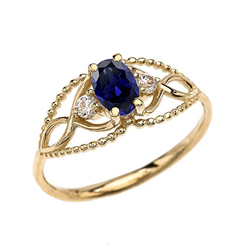 14k Yellow Gold Elegant Beaded Solitaire Ring With Sapphire and White Topaz(Size 7.5)