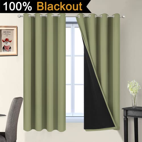 Image of Yakamok 100% Blackout Window Curtain Panels, Heat and Full Light Blocking Drapes with Black Liner for Nursery,Thermal Insulated Draperies (Sage, 2 Pieces, 52Wx63L) | Blackout Curtain Panels for Bedroom, 2 Thick Layers Grommet Top Thermal Insulated Drapes with Black Liner for Living Room