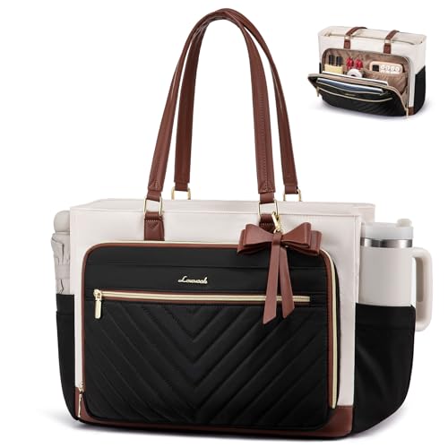 LOVEVOOK Teacher Tote Bag for Women, Work Bags Laptop Bag with Large Cup Holder, Quilted Nurse Bag Diaper Tote with Multi-Pockets, Large Computer Handbag Purse for Bussiness Travel, Office, College