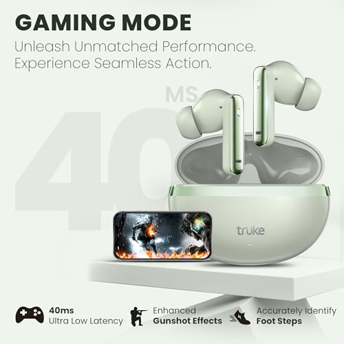 Image of truke Q1 Lite True Wireless in Ear Earbuds, 48H Playtime Ear Buds, Crystal-Clear Calls, Fast Charging, Elegant Royal Design, Bluetooth 5.4, Noise Cancellation, Gaming Mode (Mint Green)