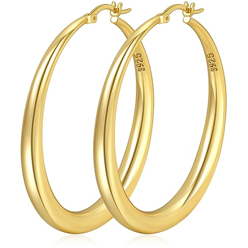 PABBEU pendientes de aro dorados, hipoalergénicos, gruesos, de oro de 14 quilates, ligeros y cómodos, ideales para mujeres y niñas. Disponibles en 35, 40 y 50 mm.