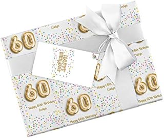 Personalised 60th Birthday wrapping paper featuring colourful confetti and gold number 60 sixtieth birthday balloon typography - Gift Wrap 590mm x 840mm
