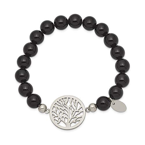 Stainless Steel Tree Of Life Black Agate Beaded Stretch Bracelet (Width = 8Mm) #TOP1