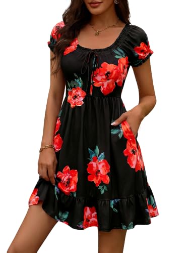 Image of HUHOT Teen Petite Women Floral Short Summer Mini Dresses with Pockets Cute Milkmaid Sundress 2026