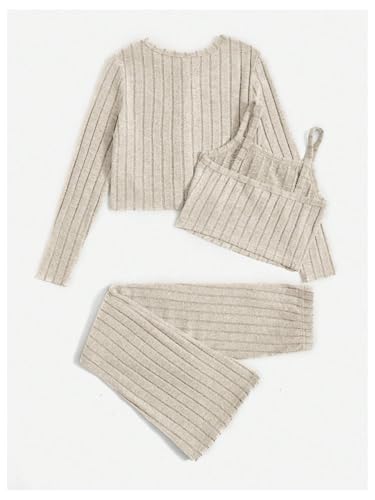 Image of MakeMeChic Girl's 3 Piece Outfits Ribbed Knit Button Down Long Sleeve Cardigan and Flared Pants with Cami Crop Tops Apricot 11-12Y
