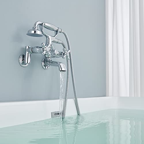 Qinkell Clawfoot Tub Faucet Wall Mount Tub Filler Chrome Vintage Brass Bathtub Faucets With Telephone Shaped Hand Shower #TOP7