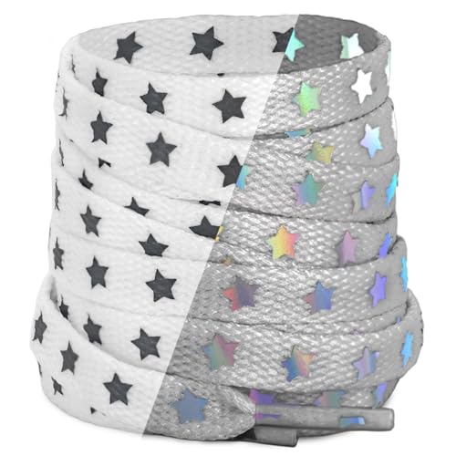 NDTEZUGT Flat Star Reflective Shoe Laces 5/16(8mm) Stylish Vibrant Glow Safety Shoelaces Replacement Strings for Sneakers (Reflective White-colorful 39/100cm)
