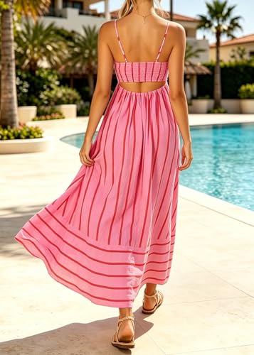 Image of utcoco Womens Summer Striped Back Smocked Maxi Sundresses Spaghetti Strap Cut Out Flowy Swing A Line Long Dress