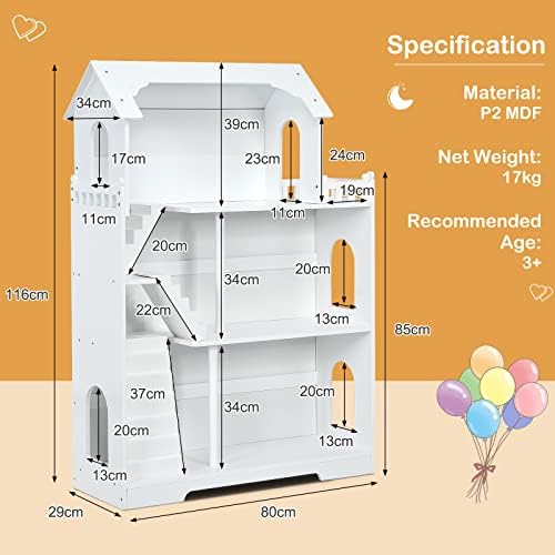 COSTWAY Kids Bookcase, 3 Tiers Wooden Dollhouse Cottage with Anti-Tip Design, Children Toy Storage Organiser Bookshelf for Playroom Bedroom