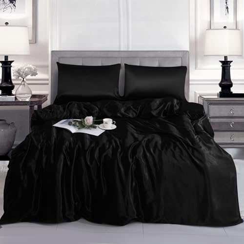 Luxury Satin Duvet Cover Set with 2 Pillowcases – Silky Soft Bedding Set – Shiny Double Bed Linen – Wrinkle-Free & Elegant Bedroom Decor (BLACK, Single)