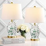QiMH Chinoiserie Ceramic Table Lamps Set of 2 for Living Room, Vintage Traditional Bedside Lamps for Nightstands, 22' Large Green and White Table Lamp for Bedroom Cottage, Gold(LED Bulbs Included)