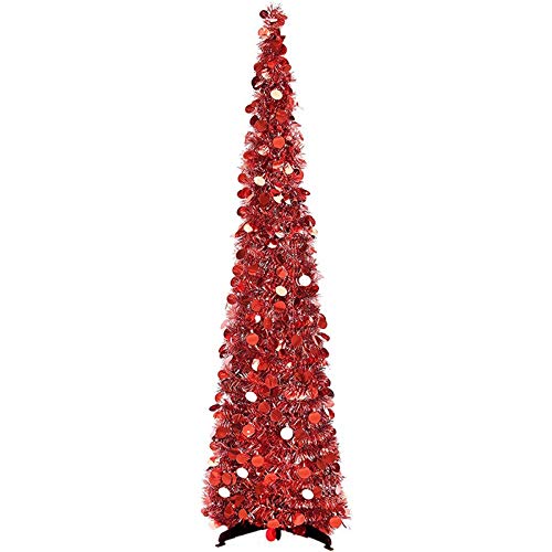 MESE Christmas Slim Tree,Collapsible Xmas Tree with Easy-Assembly Stand,Artificial Colorful Sequins Christmas Tree Decoration,for Home, Office, Classroom,Holiday Carnival Party Decorations (Red)