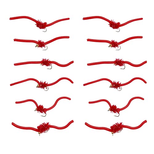 Feeder Creek Squirmy Wormy, 12 Fly Fishing Lures With Bead Head, Size 12, Ideal For Trout, Bass, Steelhead, Salmon And Other Freshwater Fish (Red) #TOP28