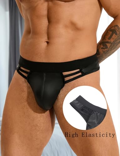 Mens Hollow Out PU Leather Underwear Elastic Bulge Pouch Jockstrap Breathable Sexy G-String Thong for Man Black2