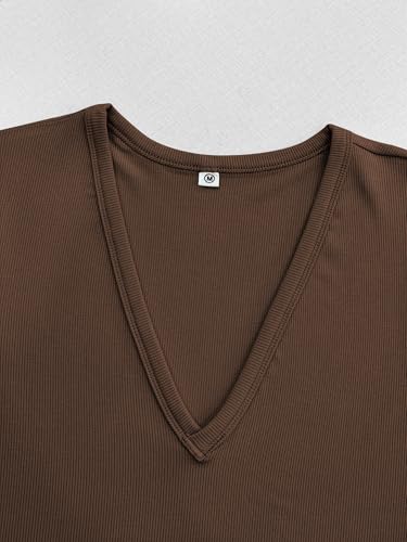 Image of Albe Rita Women Short Sleeve T-Shirt Cap V Neck Shirts for Women Ribbed Casual Top Knit Slim Fit for Summer