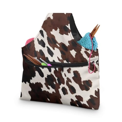 Image of KUIFORTI Cow Print Yarn Bag Kniting Wrist Bag Large Yarn Bags for Crocheting on The Go, Crochet Accessories Knitting Needles Holder Bag