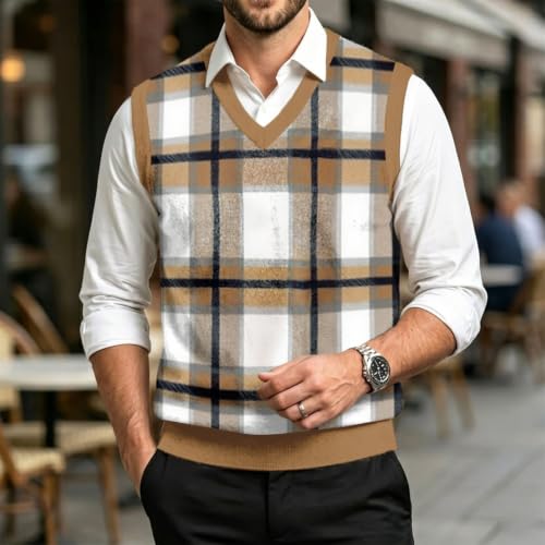 Christmas Sweater Vest Men V Neck Plaid Knit Lightweight Pullover Sweater - image 2