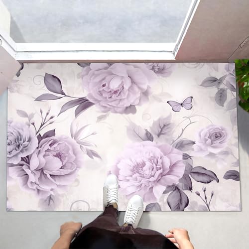 Tapis de sol antidérapant 80x120cm à fleurs violet clair pour l'entrée du hall - 3