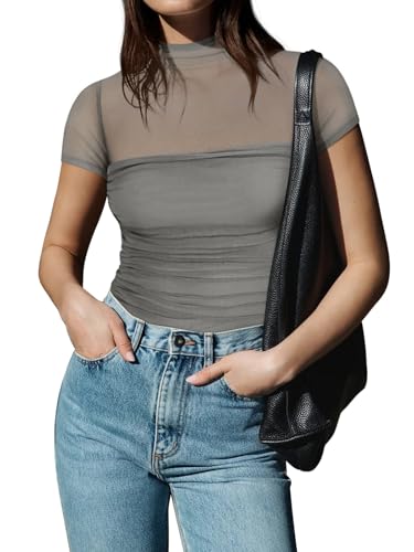Image of REORIA Women's Sexy Mock Turtle Neck Short Sleeve Shirts Sheer Mesh Ruched Trendy Going Out Bodysuits Tops