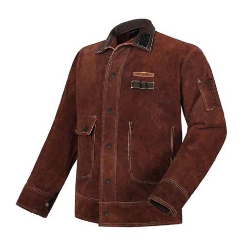 JASIC Leather Welding Jacket Heavy Duty Welder Jackets with Flame Resistant Split Cowhide Leather Jacket for Men Women Small