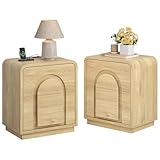 Bestier Night Stand Set 2, 23.6' Farmhouse Nightstand with Charger Station, Mid Century Modern Bedside Table with 2 Drawers, Arch Doors & Rounded Nightstand, End Tables for Bedroom, Natural Oak