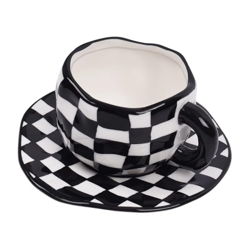 Image of Koythin 10oz Ceramic Coffee Mug With Saucer, Black White Plaid Latte Cup | 300ml Drinkware, Microwave & Dishwasher Safe; Daily Office Cup, Sweet Gift For Women