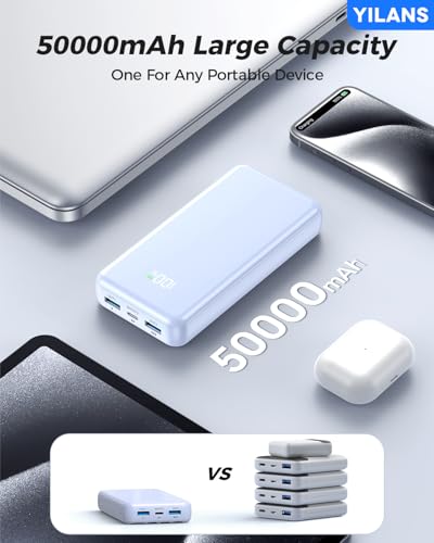 Image of Portable Charger,50000mAh Power Bank Built-in Cable, 22.5W PD USB C In & Out Fast Charging, External Battery Pack with 6 Output & 2 Input, Travel Phone Charger for iPhone 17 /16 /15 /14 /13 /12(Azure)