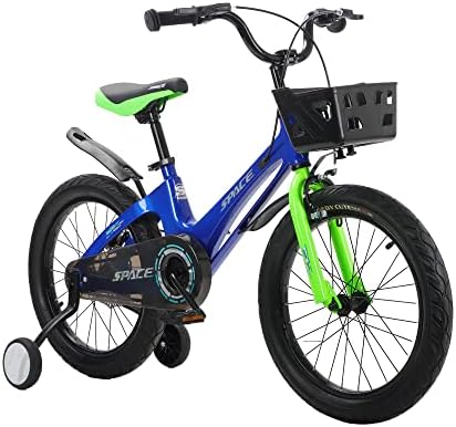 spacebaby Kids Bike for Ages 3-9 Years Old, Magnesium Alloys 14 16 18 Inch Children's Bicycle with Training Wheels & Basket, bicicletas para niños with Handbrake & Kickstand (14", Blue)