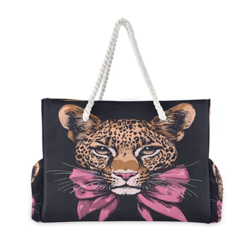 ALAZA Leopard Bow Black Large Beach Bag Shoulder Swim Tote Bag for Gym Travel Women2
